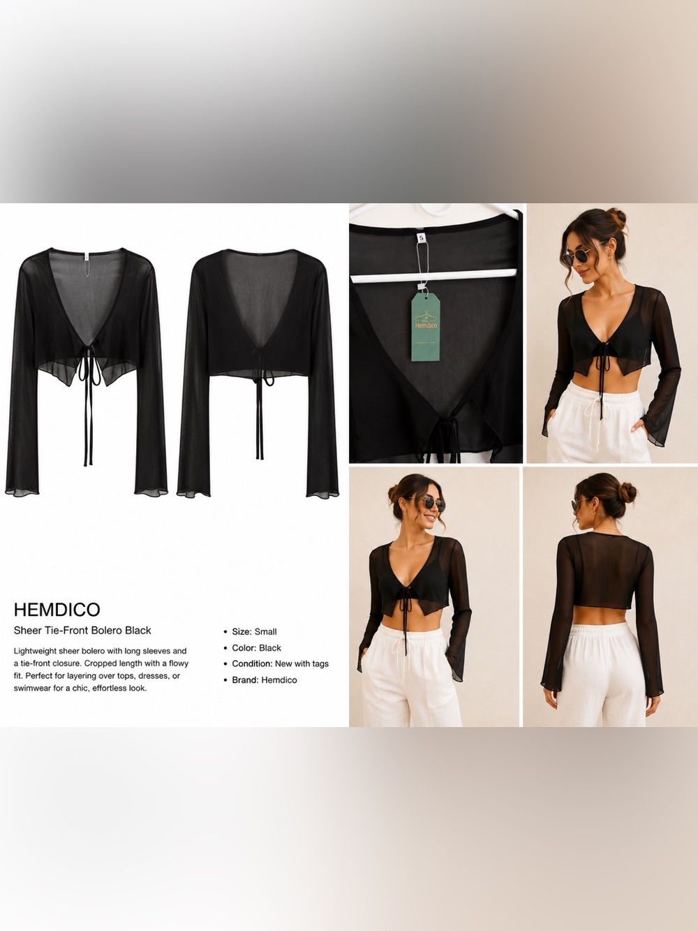 Hemdico Black Sheer Tie-Front Crop Top
